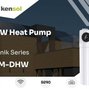 Kensol Warmwasser-Wärmepumpe Kensol Vodnik 200L Kältemittel R290 auf einem modernen Gebäude mit Solarpanelen.